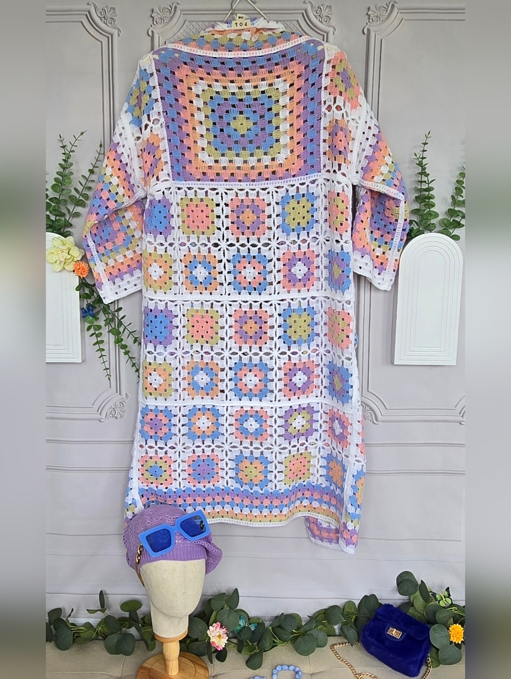 POL Pastel Crochet Granny Square Duster Kimono Cardigan OSFA - Picture 6 of 17